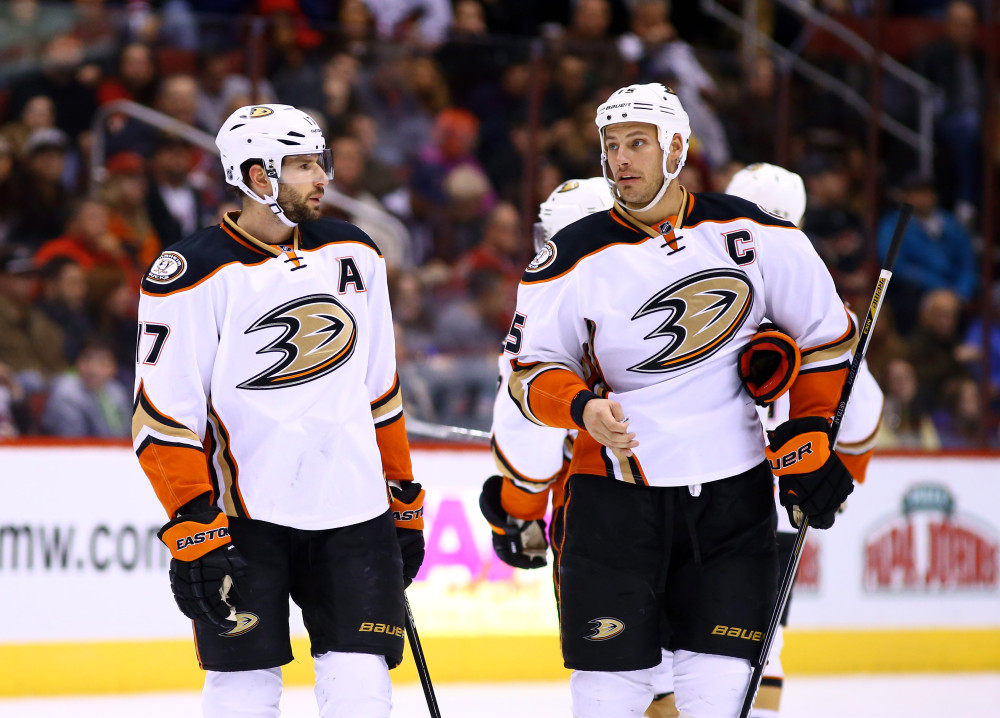 Dec 27, 2014; Glendale, AZ, USA; Anaheim Ducks center Ryan Kesler (left) and center Ryan Getzlaf in the first period against the Arizona Coyotes at Gila River Arena. The Coyotes defeated the Ducks 2-1 in an overtime shootout. Mandatory Credit: Mark J. Rebilas-USA TODAY Sports ORG XMIT: USATSI-184136 ORIG FILE ID: 20141227_mjr_su5_064.JPG