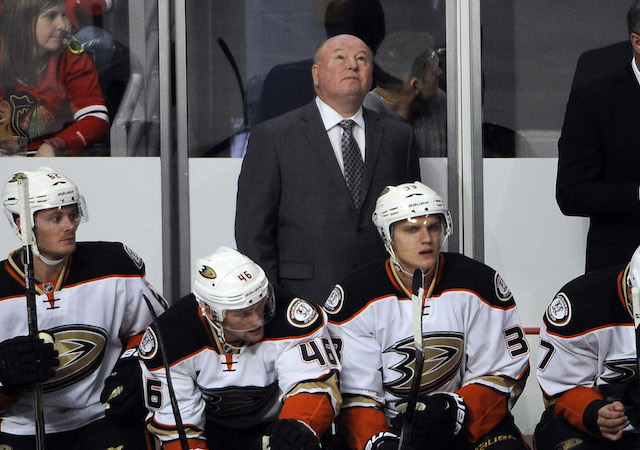 Oct 26, 2015; Chicago, IL, USA; Anaheim Ducks head coach Bruce Boudreau watches the action during the first period against the Chicago Blackhawks at the United Center. Mandatory Credit: David Banks-USA TODAY Sports