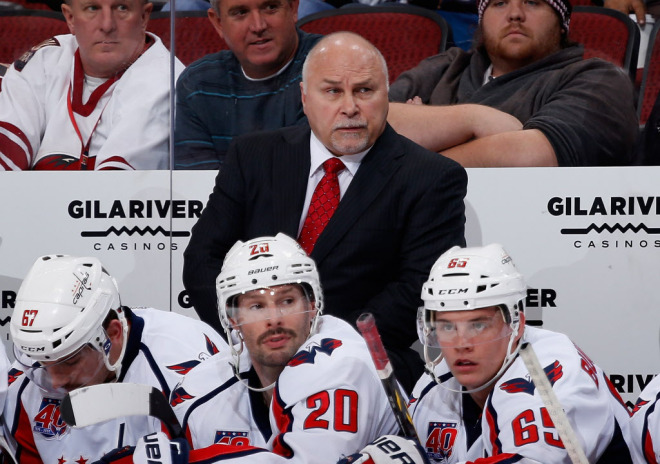 GLENDALE, AZ - NOVEMBER 18: Head coach Barry Trotz of the Washington Capitals looks on from the bench during the NHL game against the Arizona Coyotes at Gila River Arena on November 18, 2014 in Glendale, Arizona. The Capitals defeated the Coyotes 2-1 in overtime. (Photo by Christian Petersen/Getty Images) ORG XMIT: 507047813