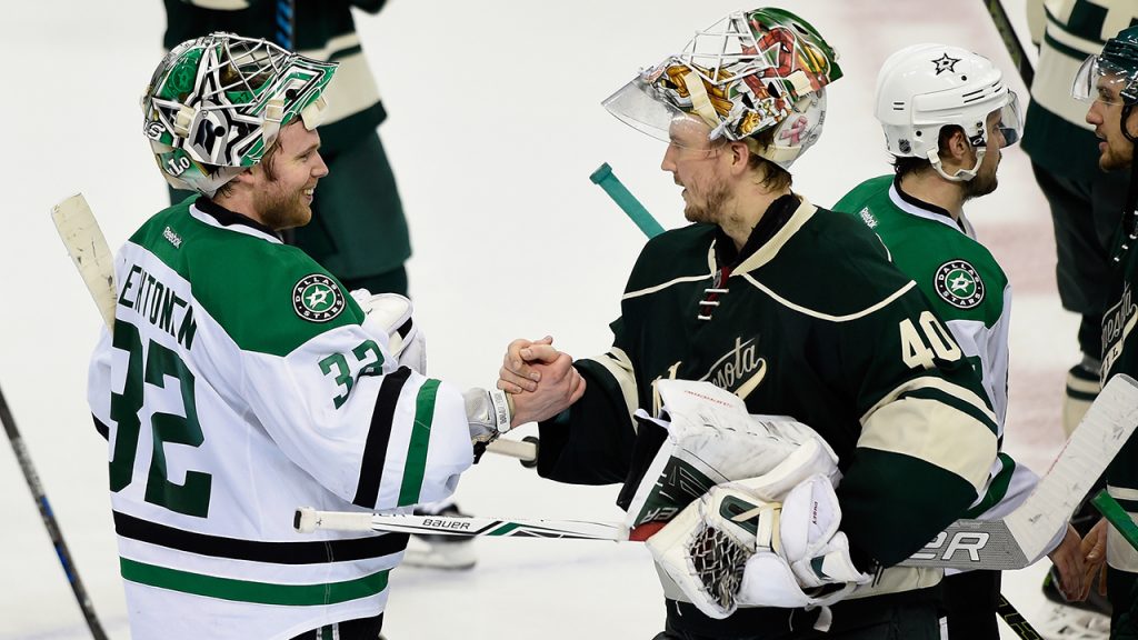 ST PAUL, MN - APRIL 24: Kari Lehtonen #32 of the Dallas Stars and Devan Dubnyk #40 of the Minnesota Wild shake hands after Game Six of the Western Conference First Round during the 2016 NHL Stanley Cup Playoffs on April 24, 2016 at Xcel Energy Center in St Paul, Minnesota. The Stars defeated the Wild 5-4. (Photo by Hannah Foslien/Getty Images)