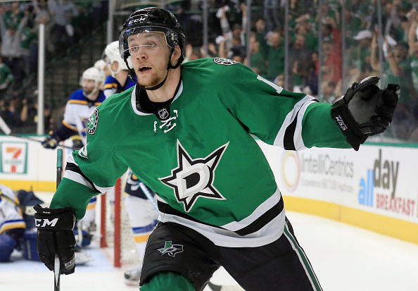 DALLAS, TX - APRIL 29: Radek Faksa #12 of the Dallas Stars celebrates after scoring the game winning goal against Brian Elliott #1 of the St. Louis Blues in the third period in Game One of the Western Conference Second Round during the 2016 NHL Stanley Cup Playoffs at American Airlines Center on April 29, 2016 in Dallas, Texas. (Photo by Tom Pennington/Getty Images)